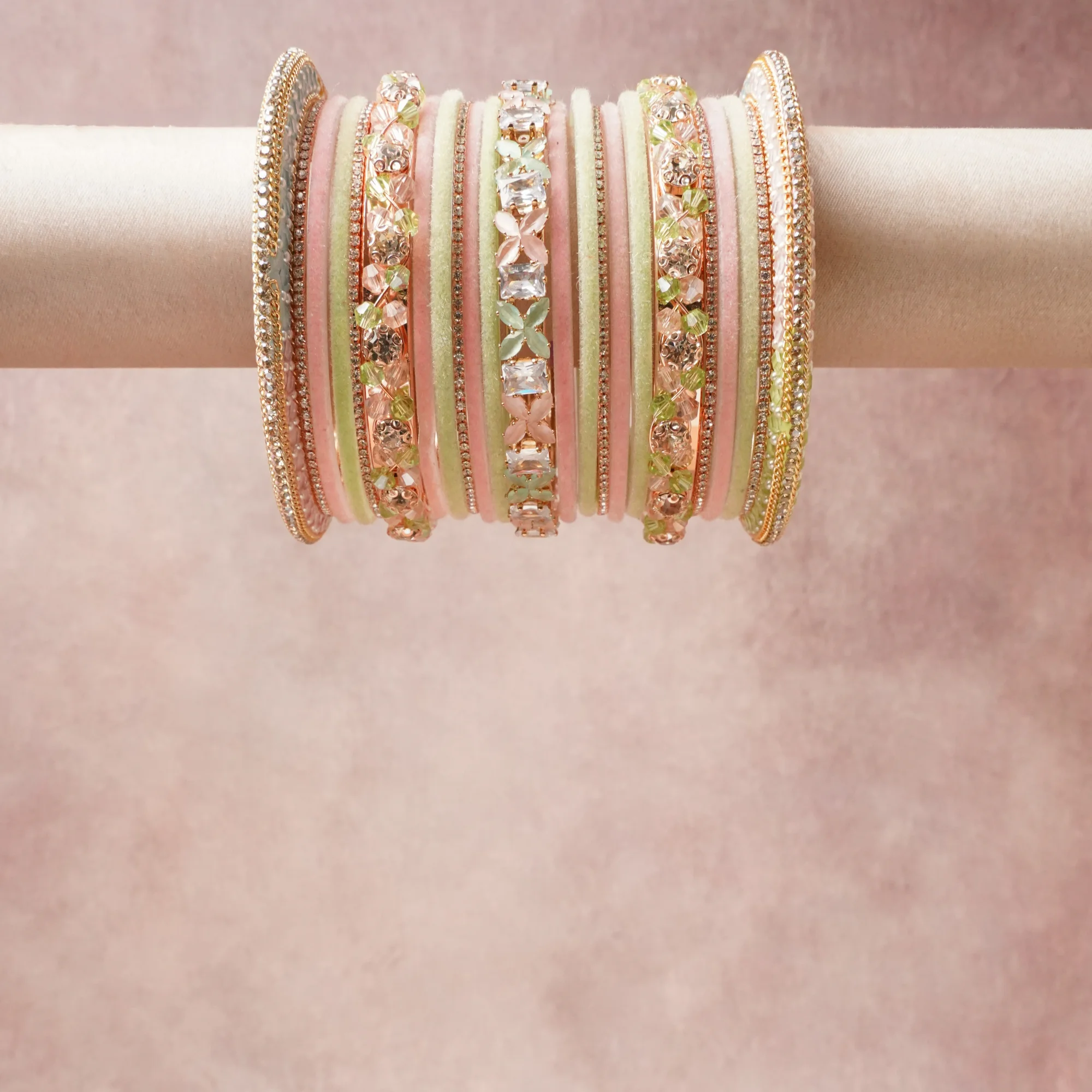 A grounding Blush Pink forms the heart of the set, while touches of Clear Diamond White, Rose Gold, Pale Chartreuse add charm.

A thoughtful composition of Rose Gold Plated Metal, Cubic Zirconia, Glass Crystals, Matte Enamel, Seed Beads, designed to feel complete without being heavy.
Each element layers seamlessly, creating a look that is refined, wearable and quietly striking.